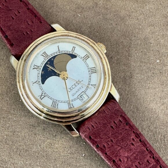 Vintage French Axcess Moon Phase w/Date Mother of Pearl Face Watch